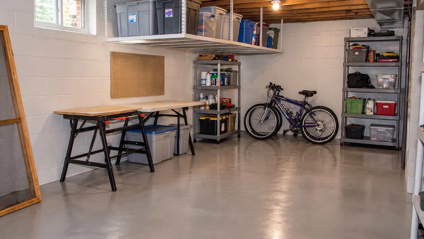 Flooded storage area, fully extracted and dried, After: Same basement storage area with the floor dry and belongings back in place