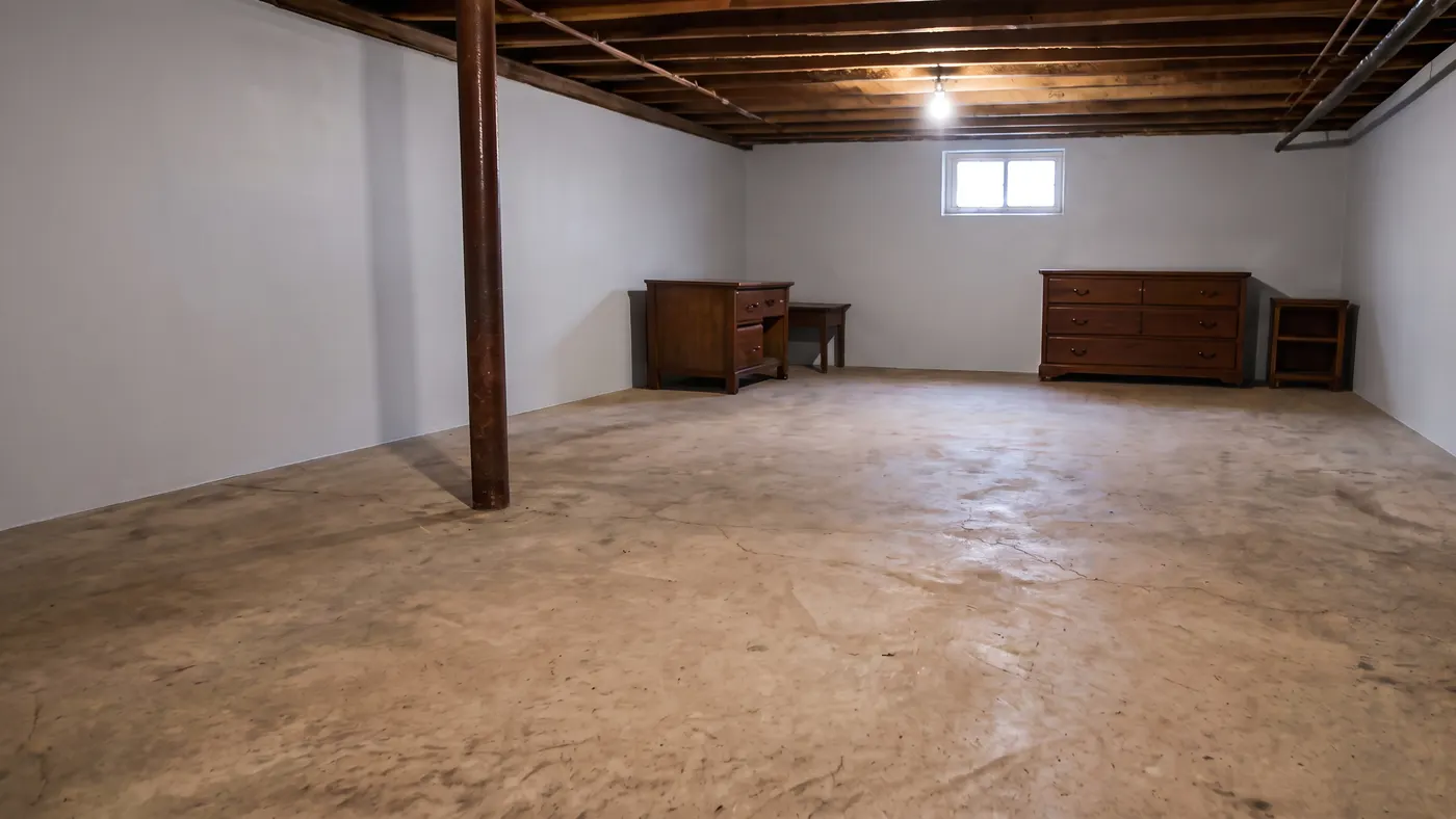 Furniture floating in floodwater, extracted and dried out, After: Same basement cleared of floodwater with furniture removed and the space dry