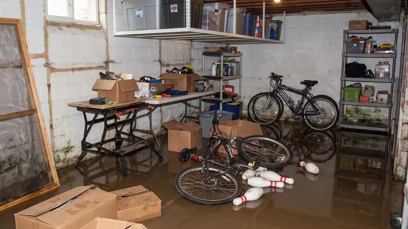 Flooded storage area, fully extracted and dried, Before: Flooded basement storage area with bicycles and boxes standing in murky water