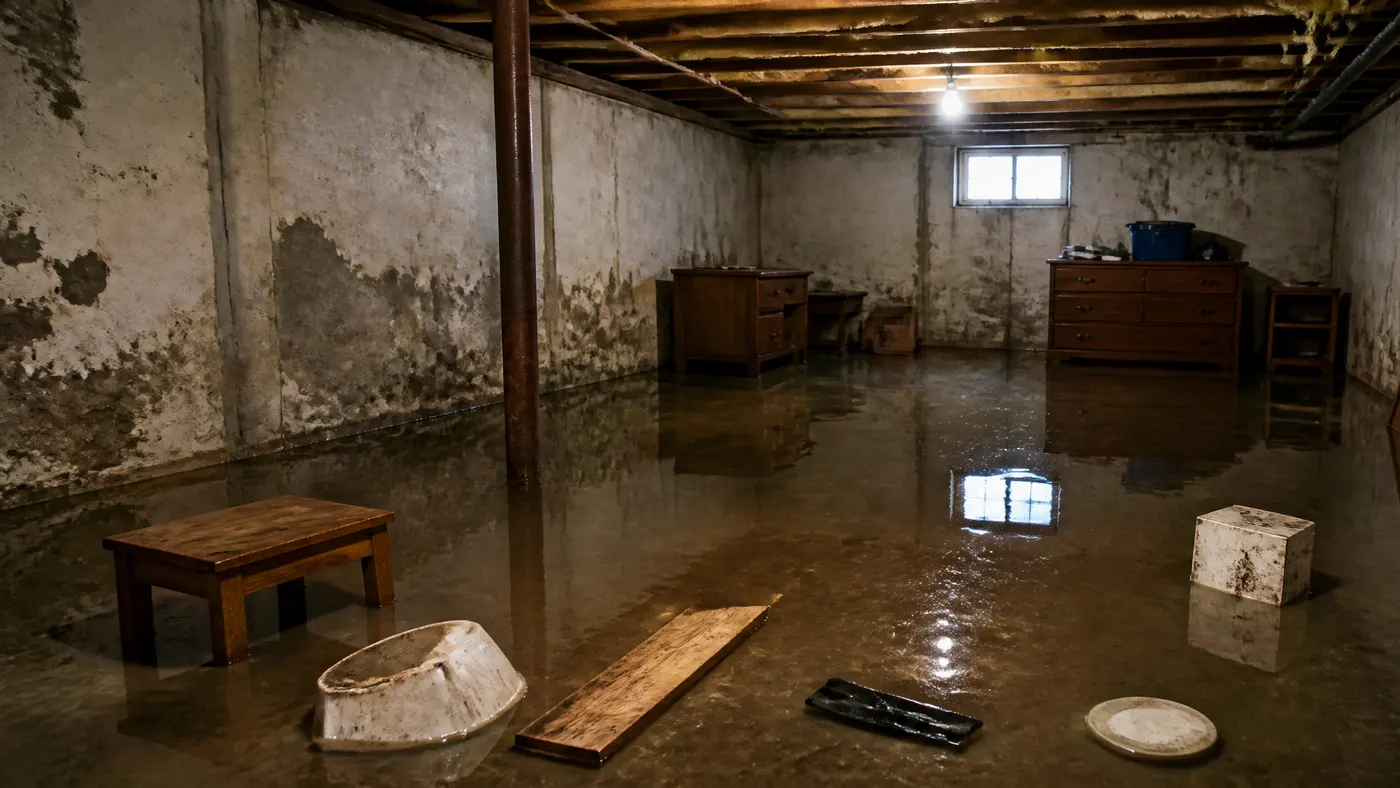 Furniture floating in floodwater, extracted and dried out, Before: Furniture and belongings floating in a flooded basement