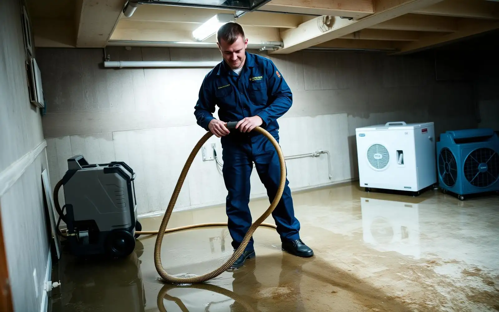 Relief Remediation technician extracting standing water from a flooded Marietta basement