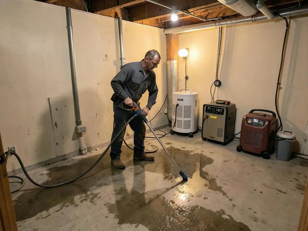 Relief Remediation technician extracting standing water from a flooded basement floor with drying equipment staged nearby