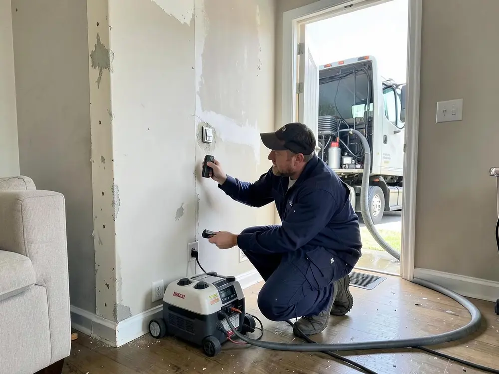 Relief Remediation technician checking wall moisture with a meter during emergency water removal, extraction truck at the door