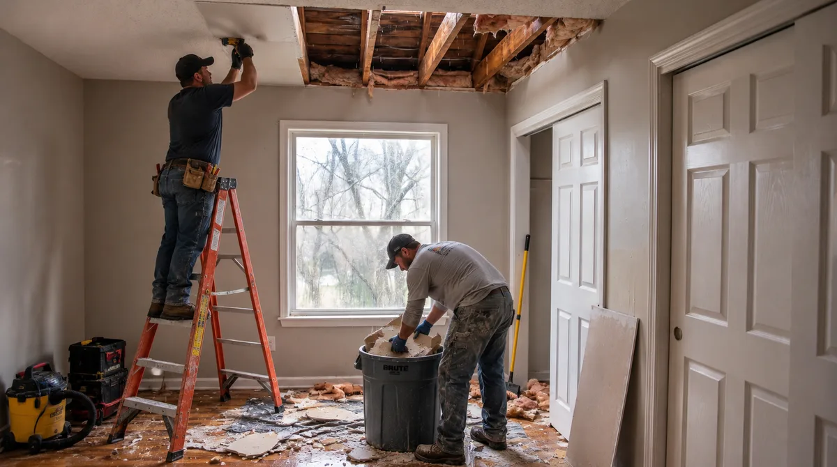 Water-damaged ceiling, cleanup in progress, Cleanup in progress: Crew removing damaged ceiling drywall and collecting debris in the same room