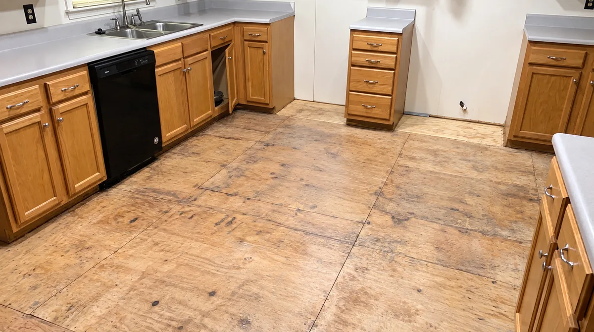 Kitchen subfloor drying and cleanup, After cleanup & drying: Matching kitchen after cleanup and drying, with the exposed subfloor cleared and air movers removed