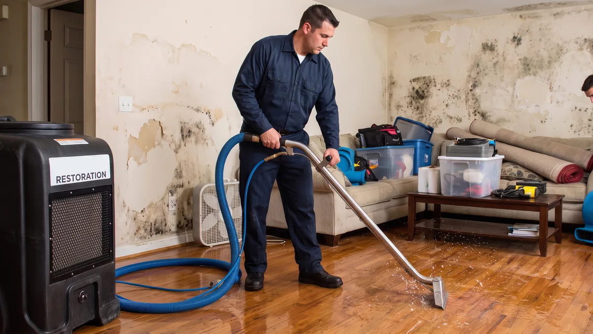 Living room water removal and restoration, Before: Technician extracting water from a living room floor beside stained walls and restoration equipment
