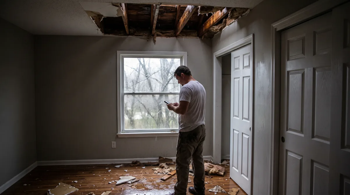 Water-damaged ceiling, cleanup in progress, Before: Room with a collapsed ceiling, exposed joists, and wet insulation and drywall debris on the floor