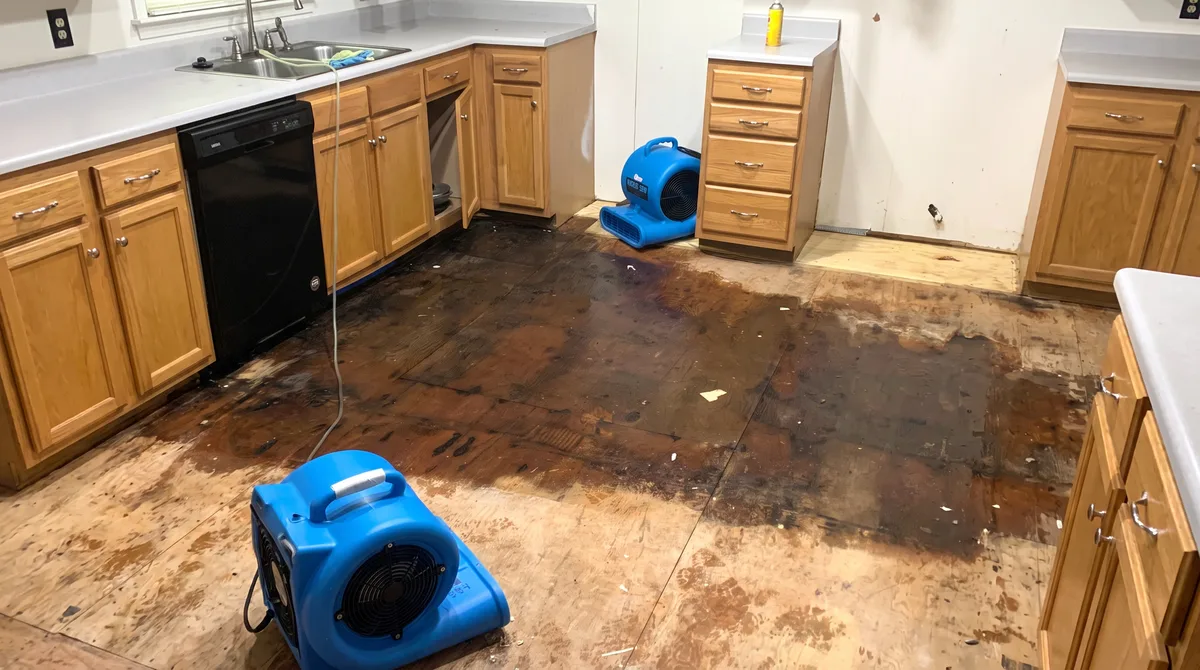 Kitchen subfloor drying and cleanup, Before: Kitchen with wet exposed subflooring and two blue air movers positioned for drying